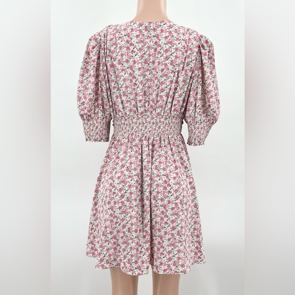 Lush Pink Floral Cottagecore Puff Sleeve V-Neck A-Line Dress Size Large - Picture 3 of 12
